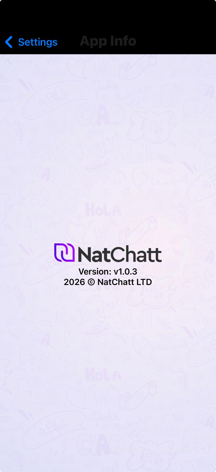 The NatChatt app info screen showing the logo over a soft pattern of multilingual greetings