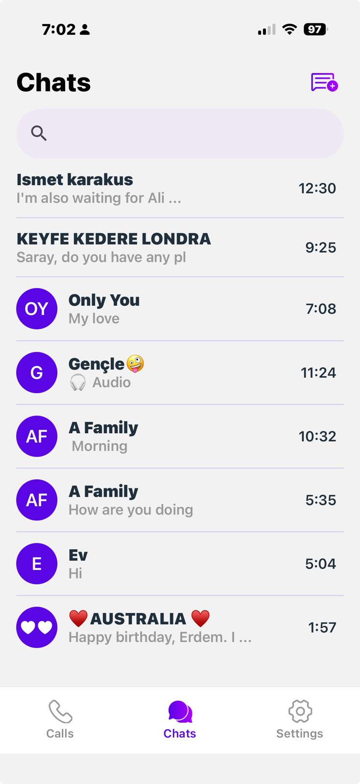 The NatChatt Chats screen with conversations from family, partners and friends in different languages