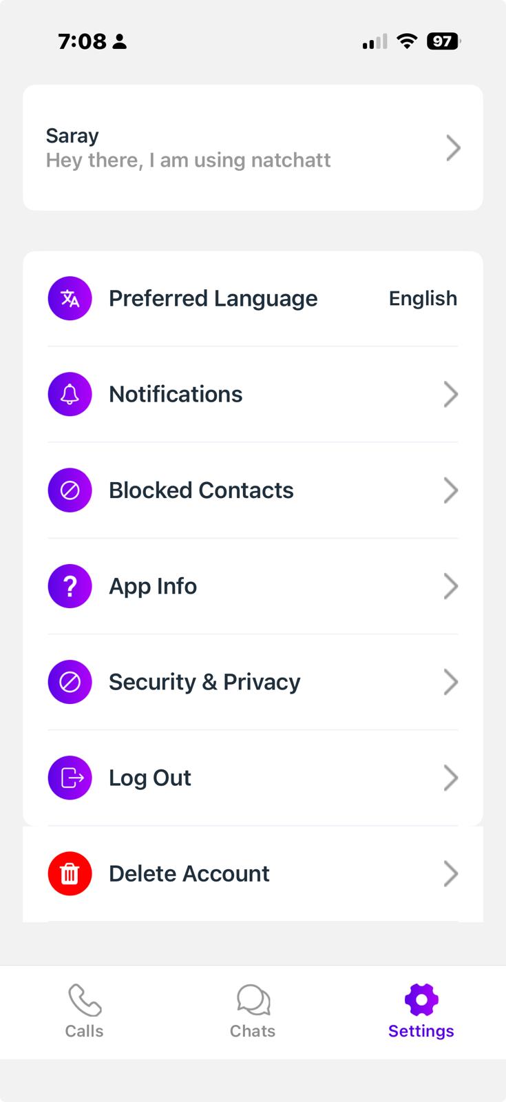 The NatChatt settings screen with the Delete Account option at the bottom