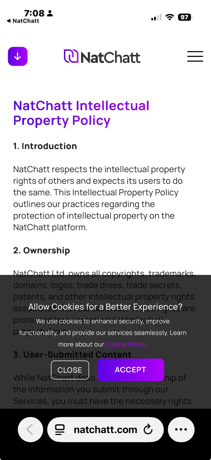 The NatChatt Intellectual Property Policy opened inside the app