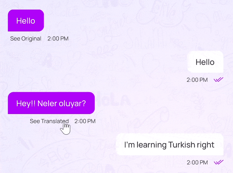 An animated NatChatt chat showing a message typed in one language arriving in another