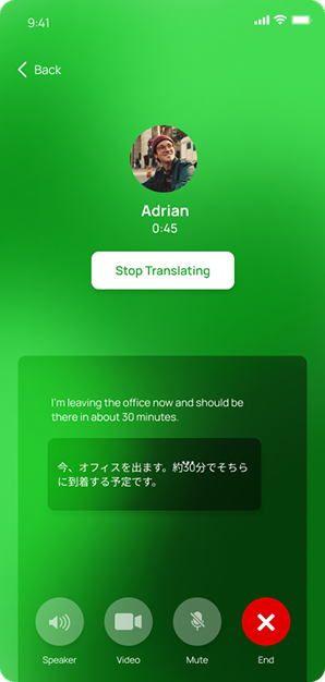 A NatChatt voice call with live transcription appearing alongside the speaker's voice